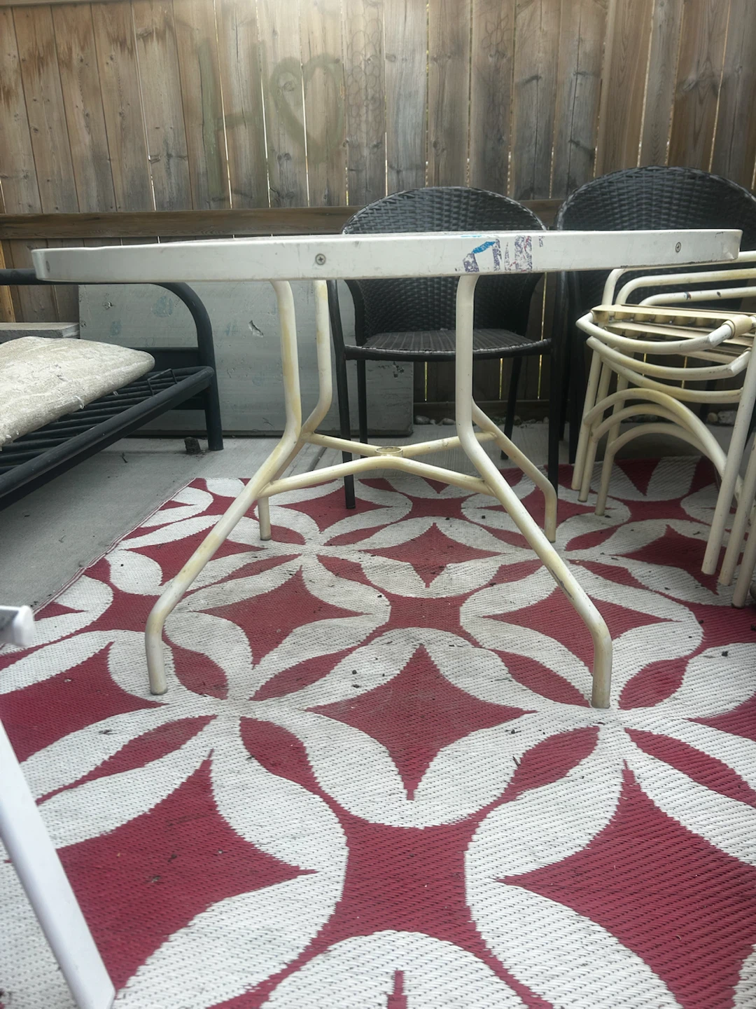 Round Glass Patio Table with Metal Frame and 3 chairs