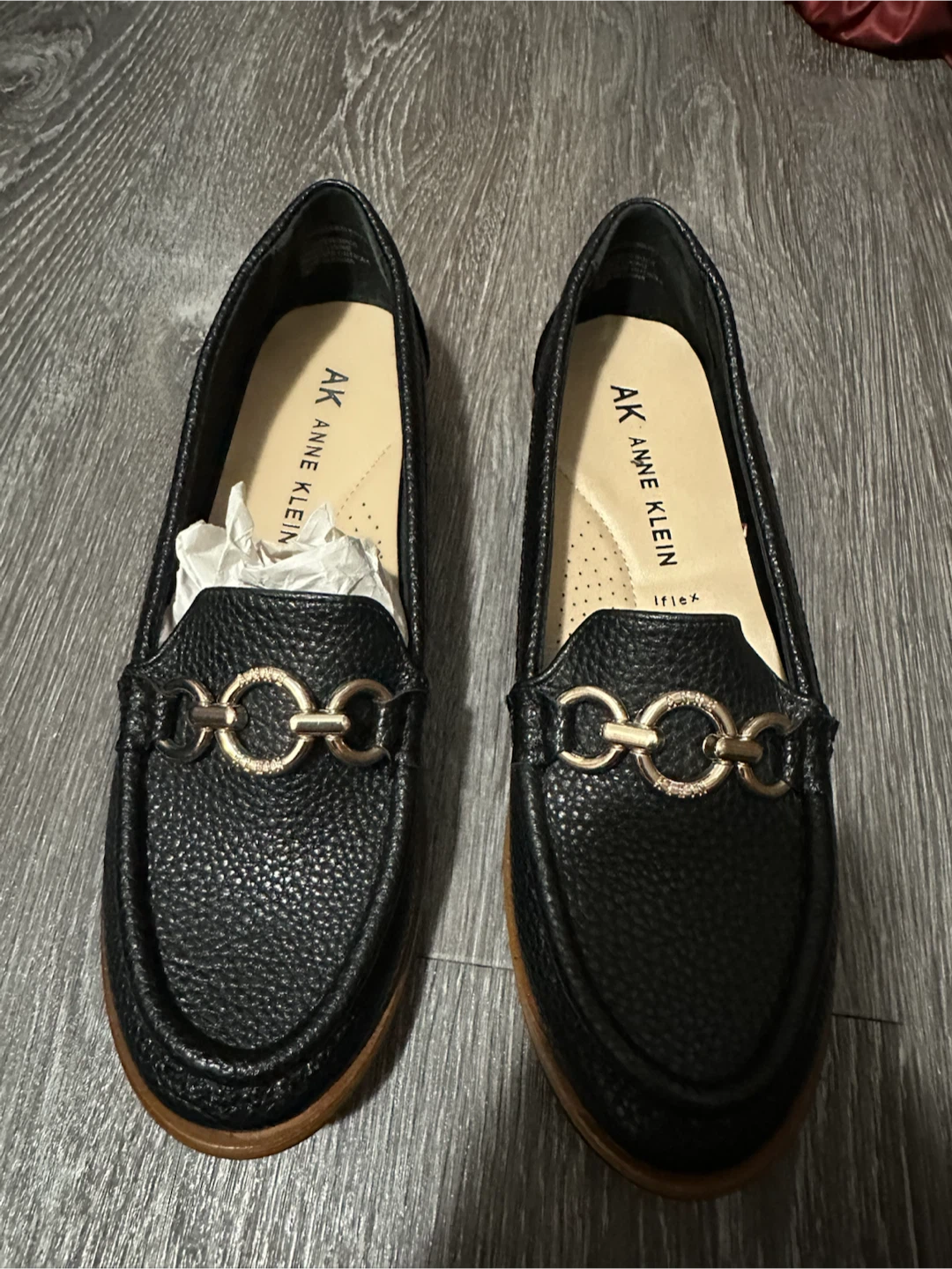 Anne Klein Black Loafers with Gold Chain Detail