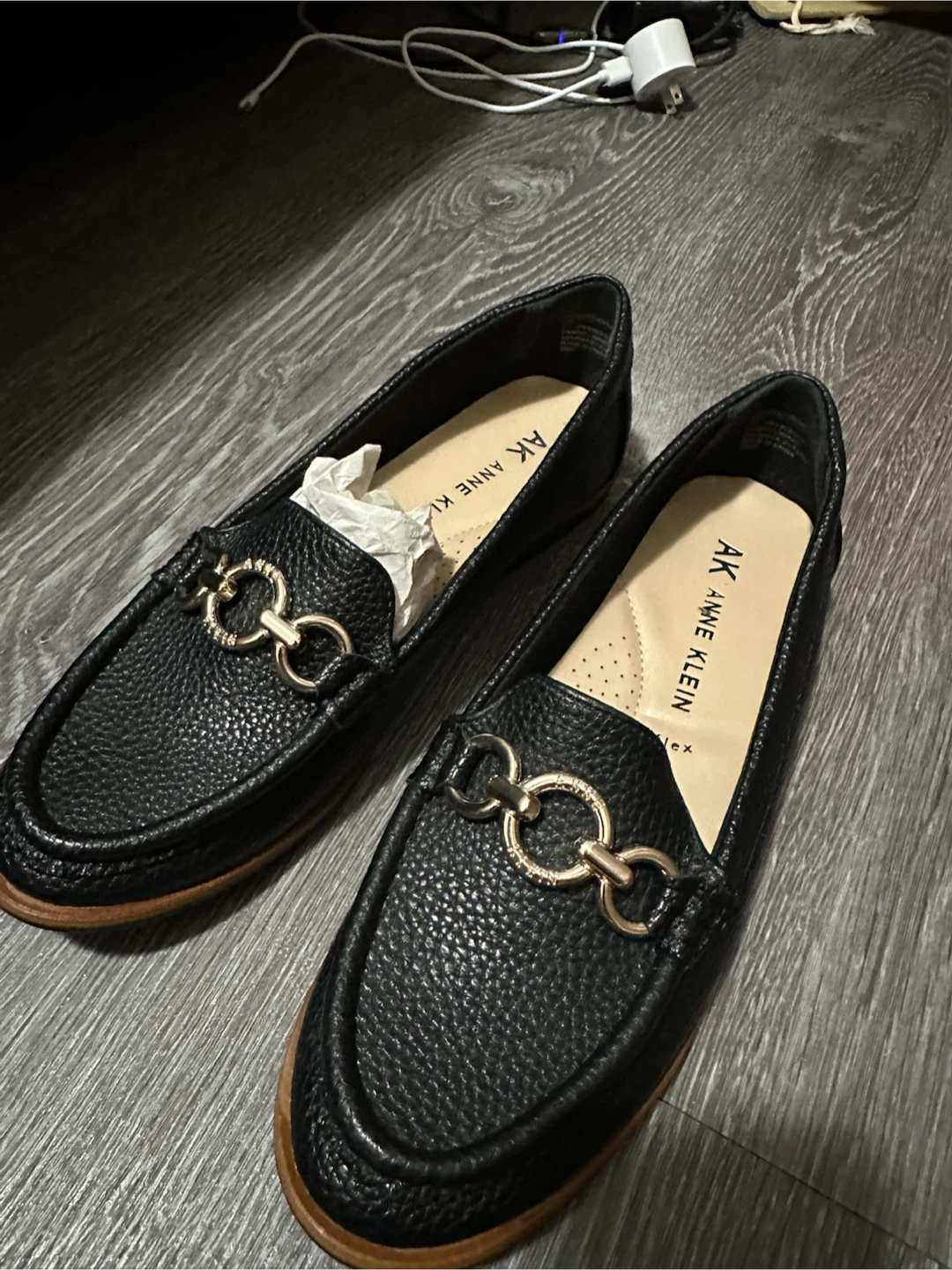 Anne Klein Black Loafers with Gold Chain Detail - photo 2