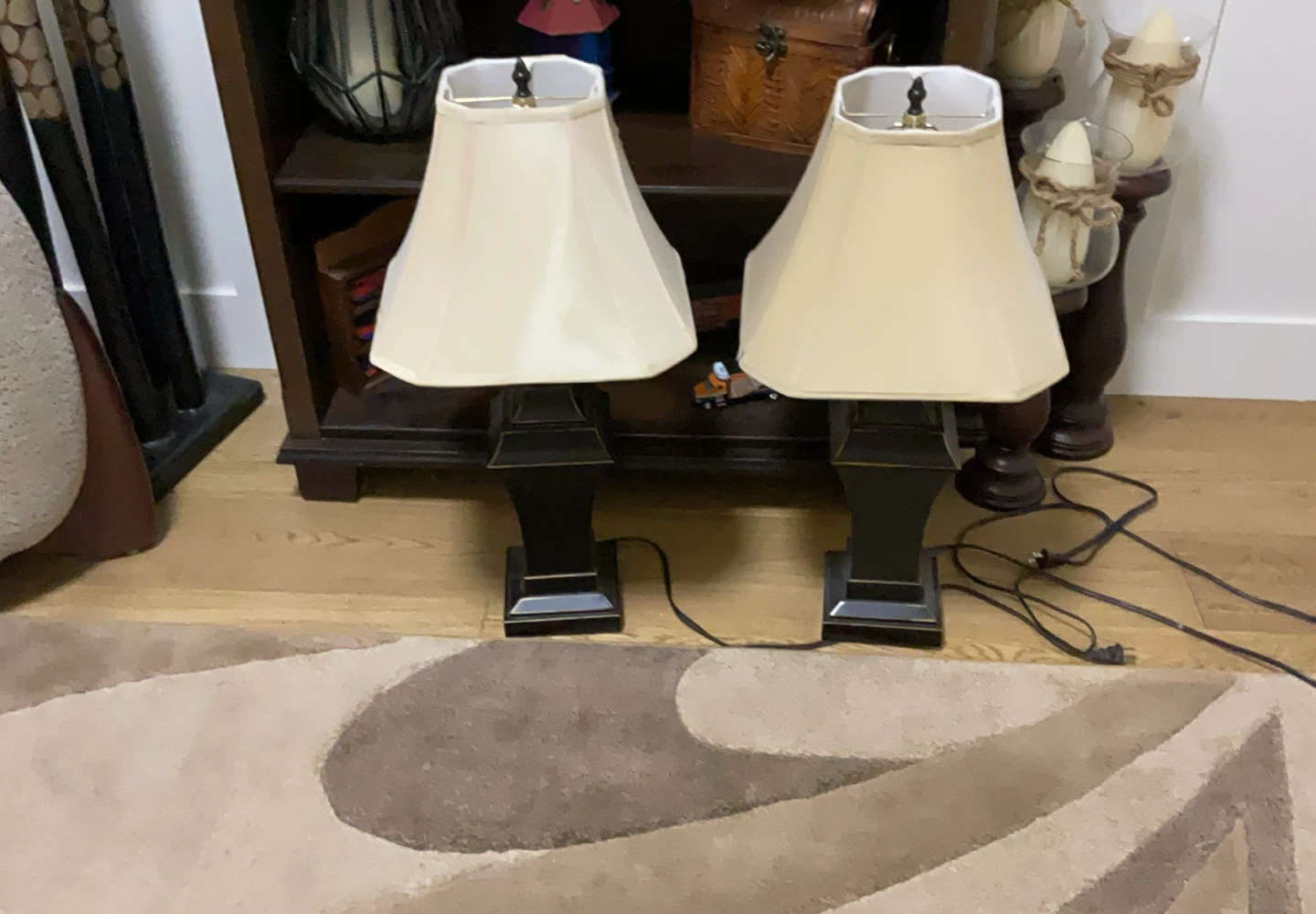 Pair of Black Table Lamps with Beige Shades