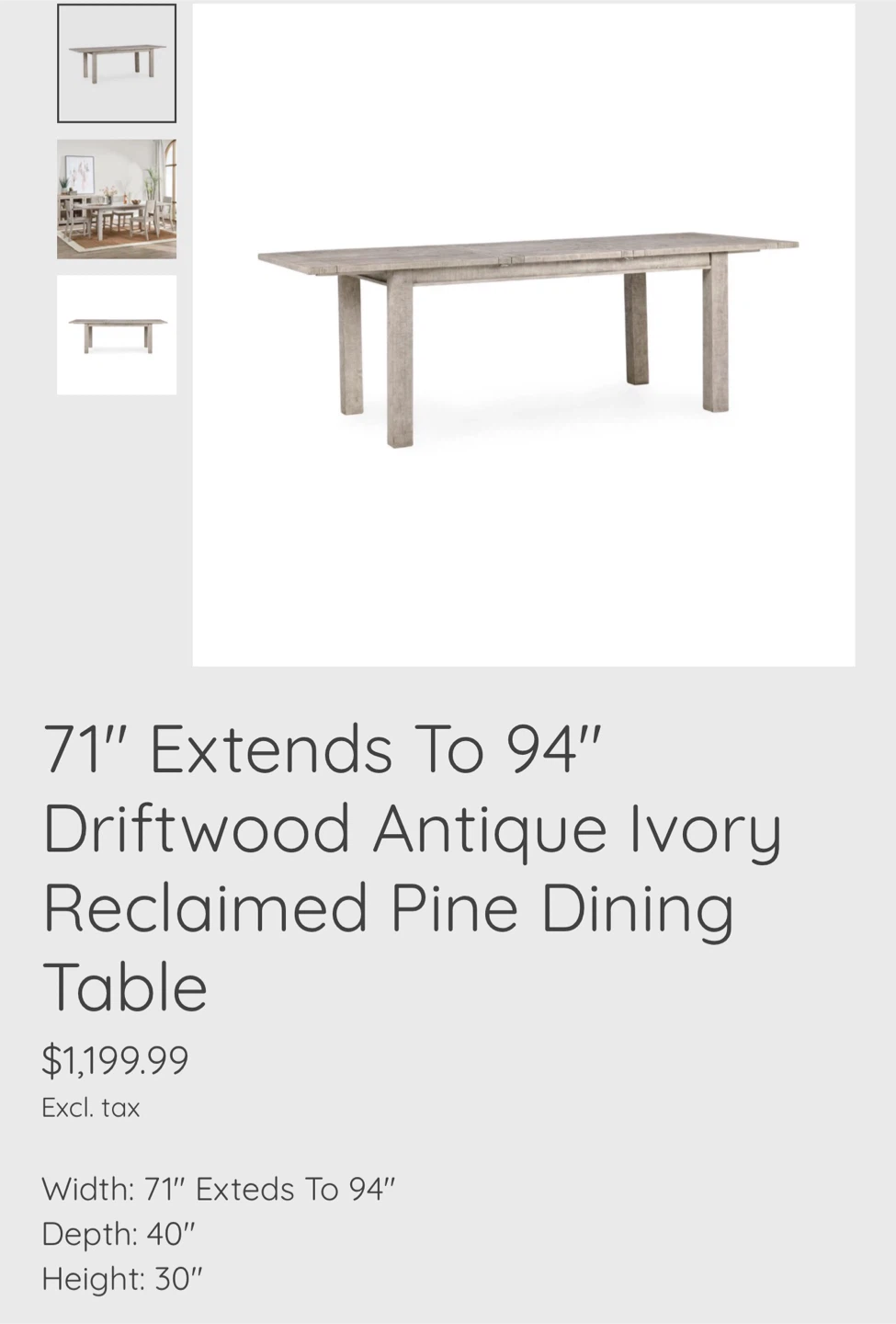 71" Extends To 94" Driftwood Dining Table