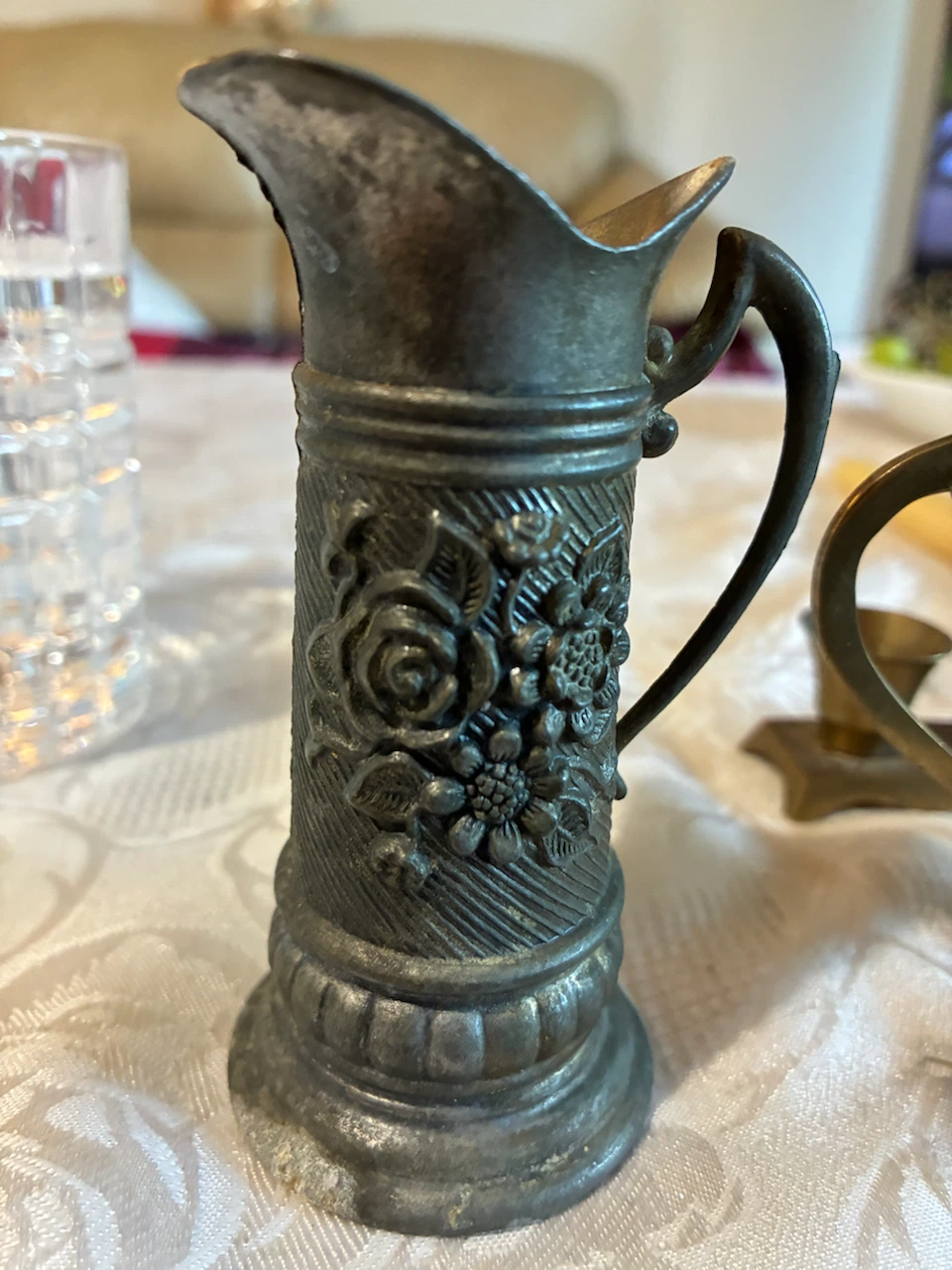Vintage Metal Pitcher with Floral Embossing