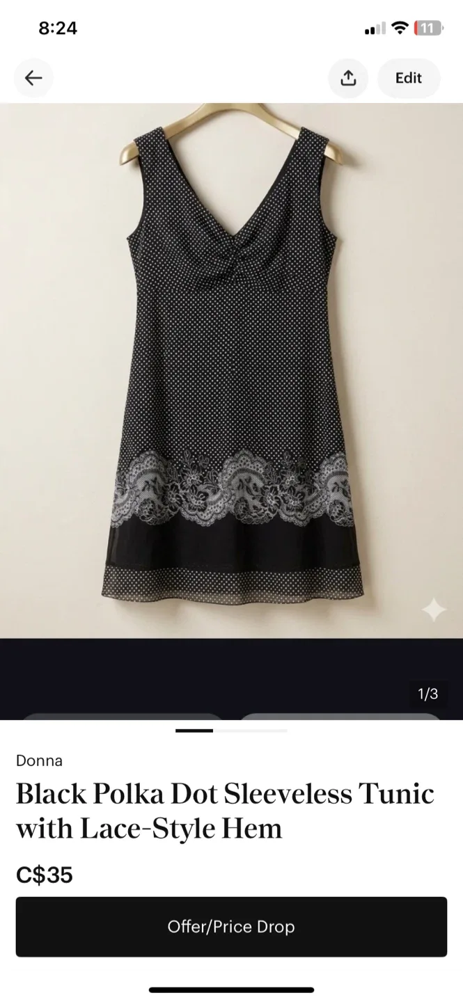 Donna Black Polka Dot Sleeveless Tunic with Lace-Style Hem