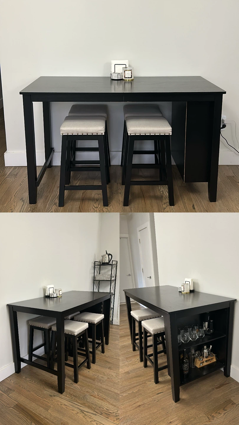 Black Counter Height Table with 4 Stools and Shelving Unit