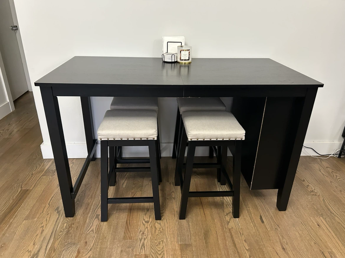 Black Counter Height Table with 4 Stools and Shelving Unit - photo 3
