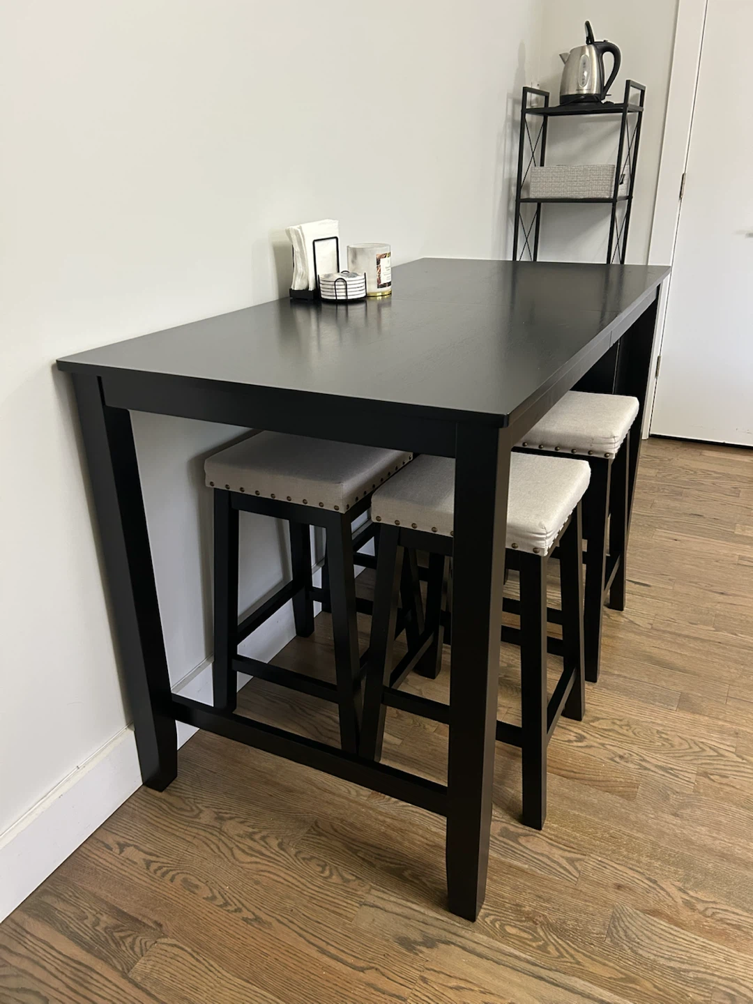 Black Counter Height Table with 4 Stools and Shelving Unit - photo 4