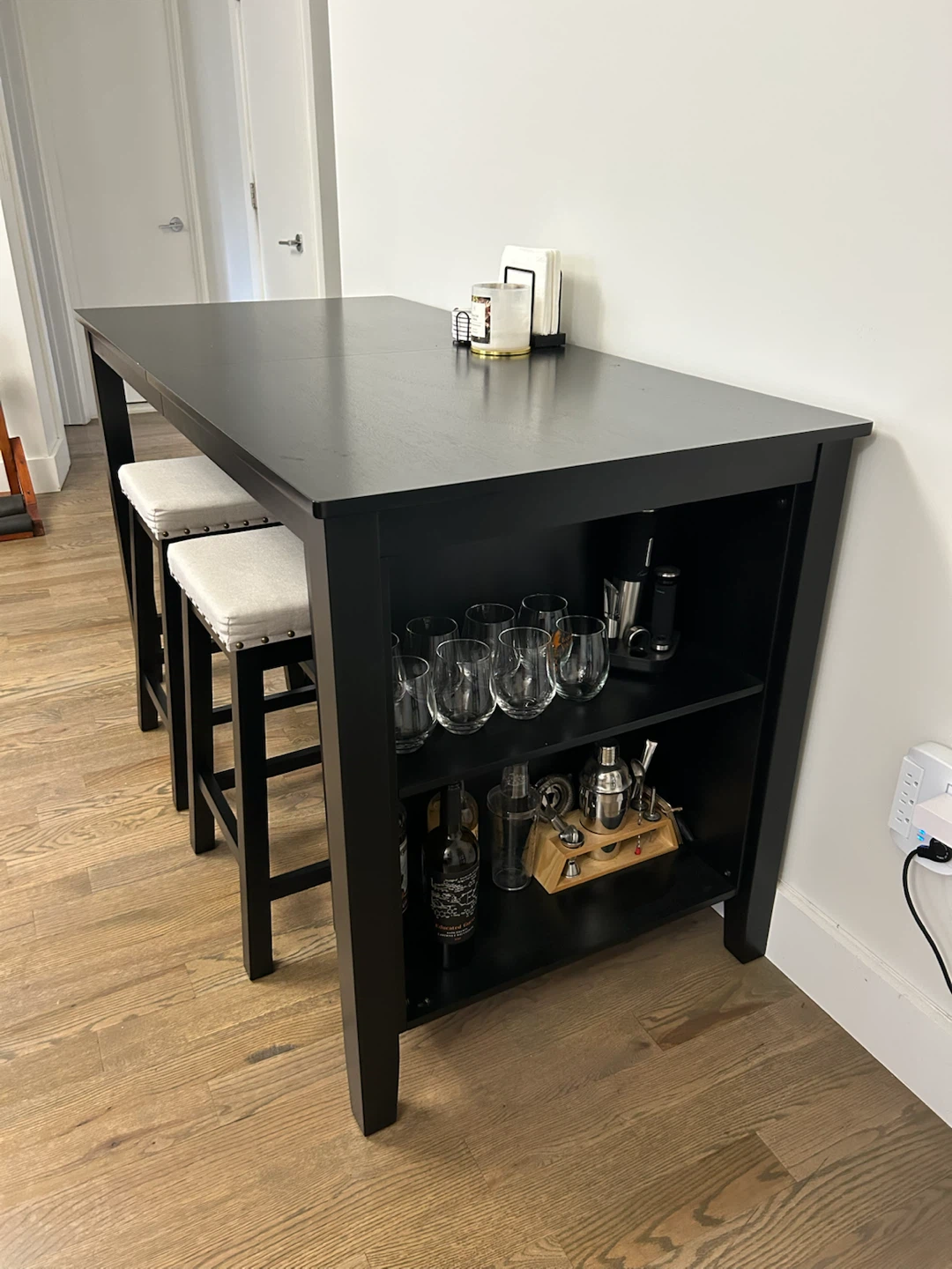 Black Counter Height Table with 4 Stools and Shelving Unit - photo 5