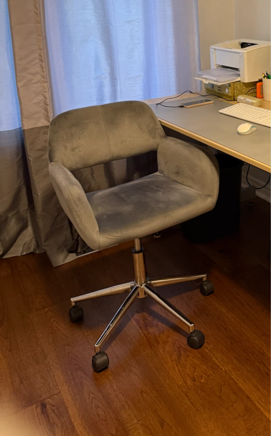 Grey Velvet Office Chair with Wheels