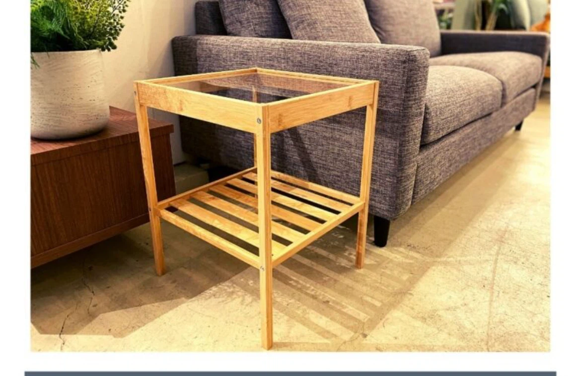 36*35cm Bamboo Side Table with Glass Top and Shelf