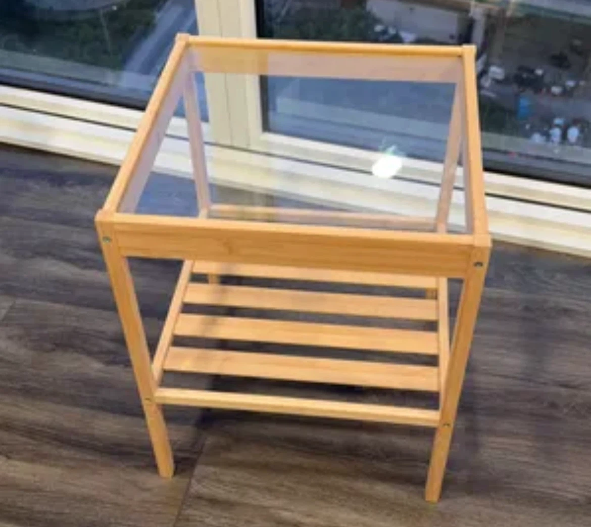 36*35cm Bamboo Side Table with Glass Top and Shelf - photo 2