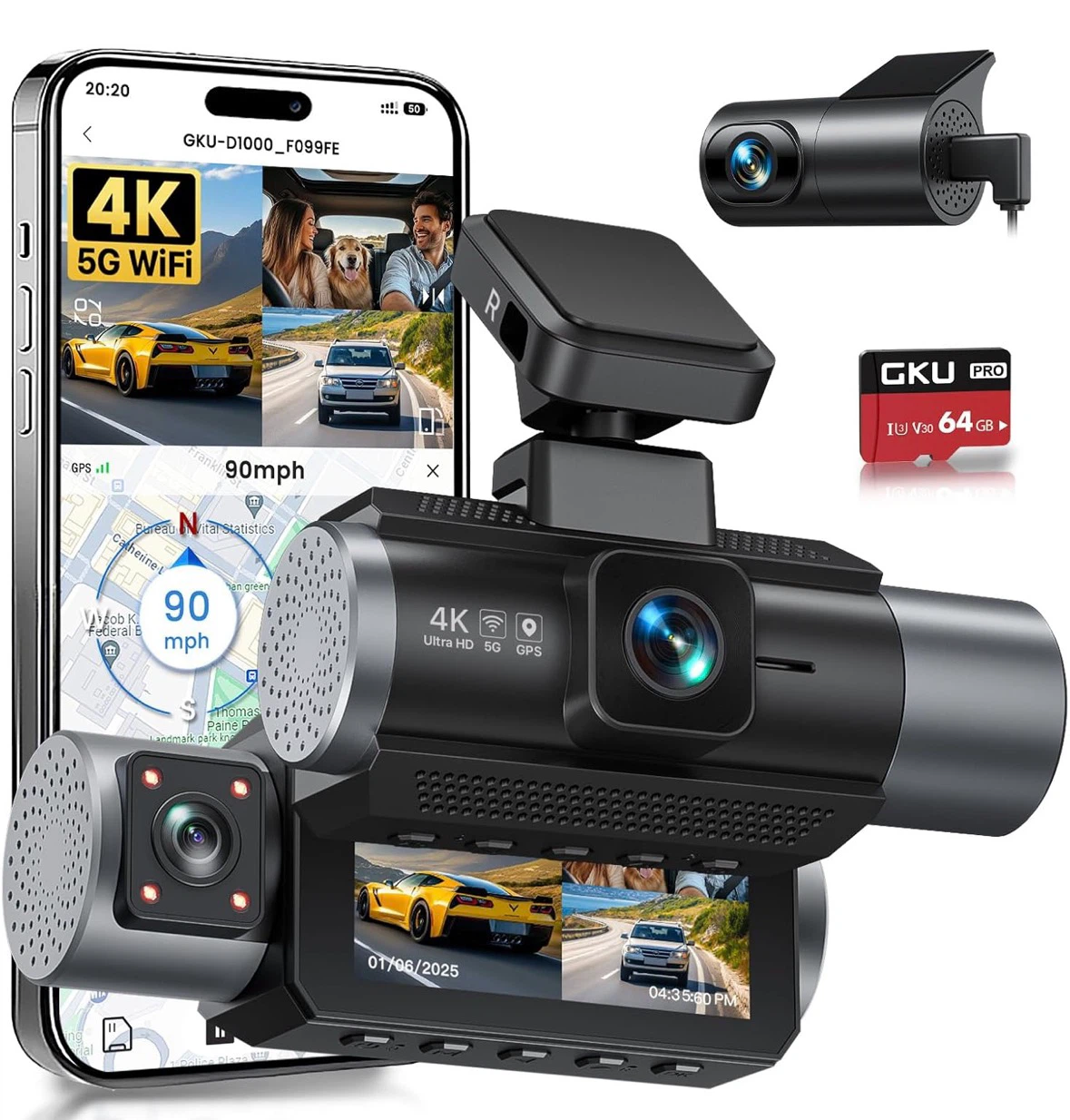GKGU 4K 3 Channel Dash Cam with GPS and WiFi