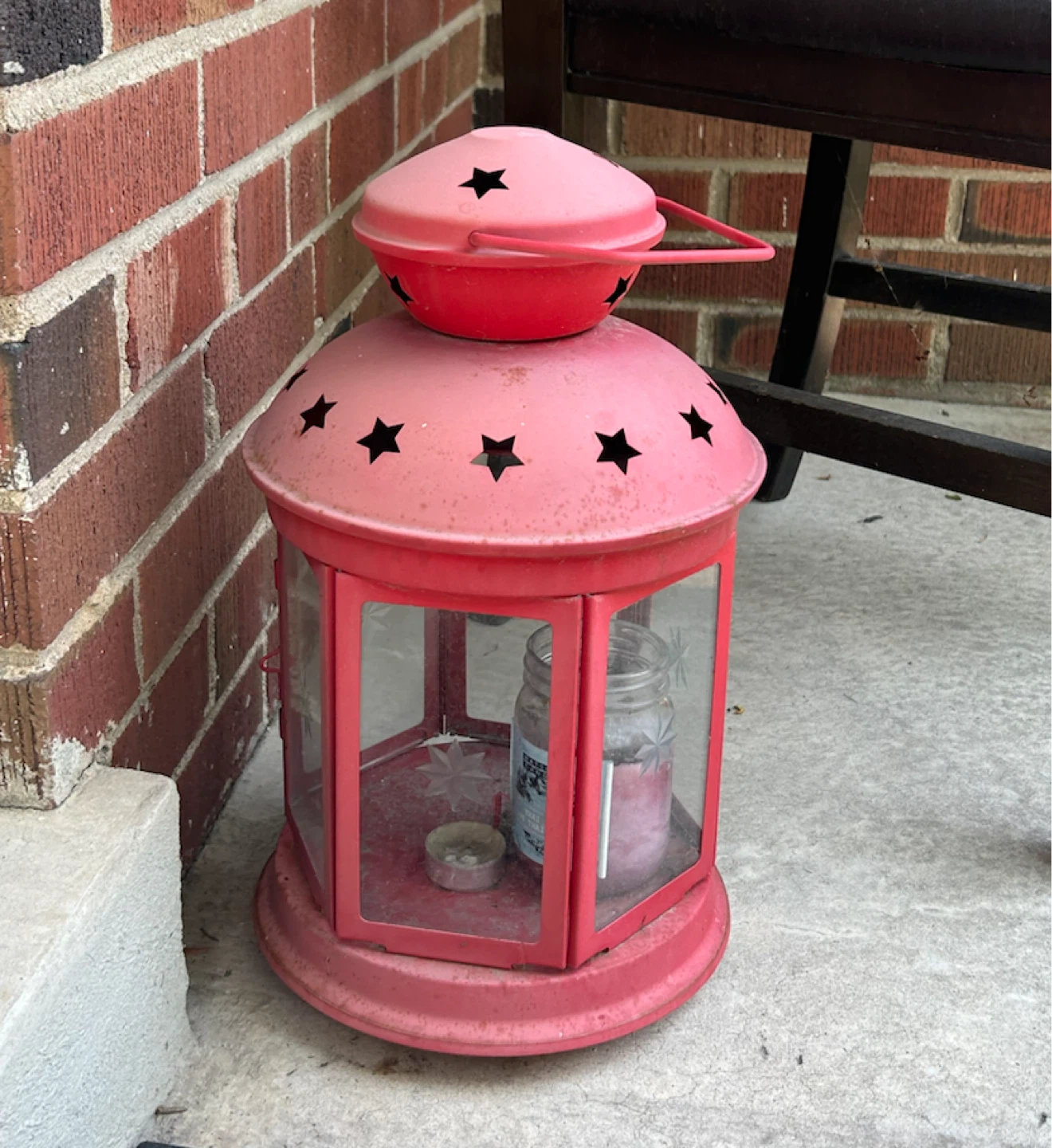Red Metal Lantern with Star Cutouts