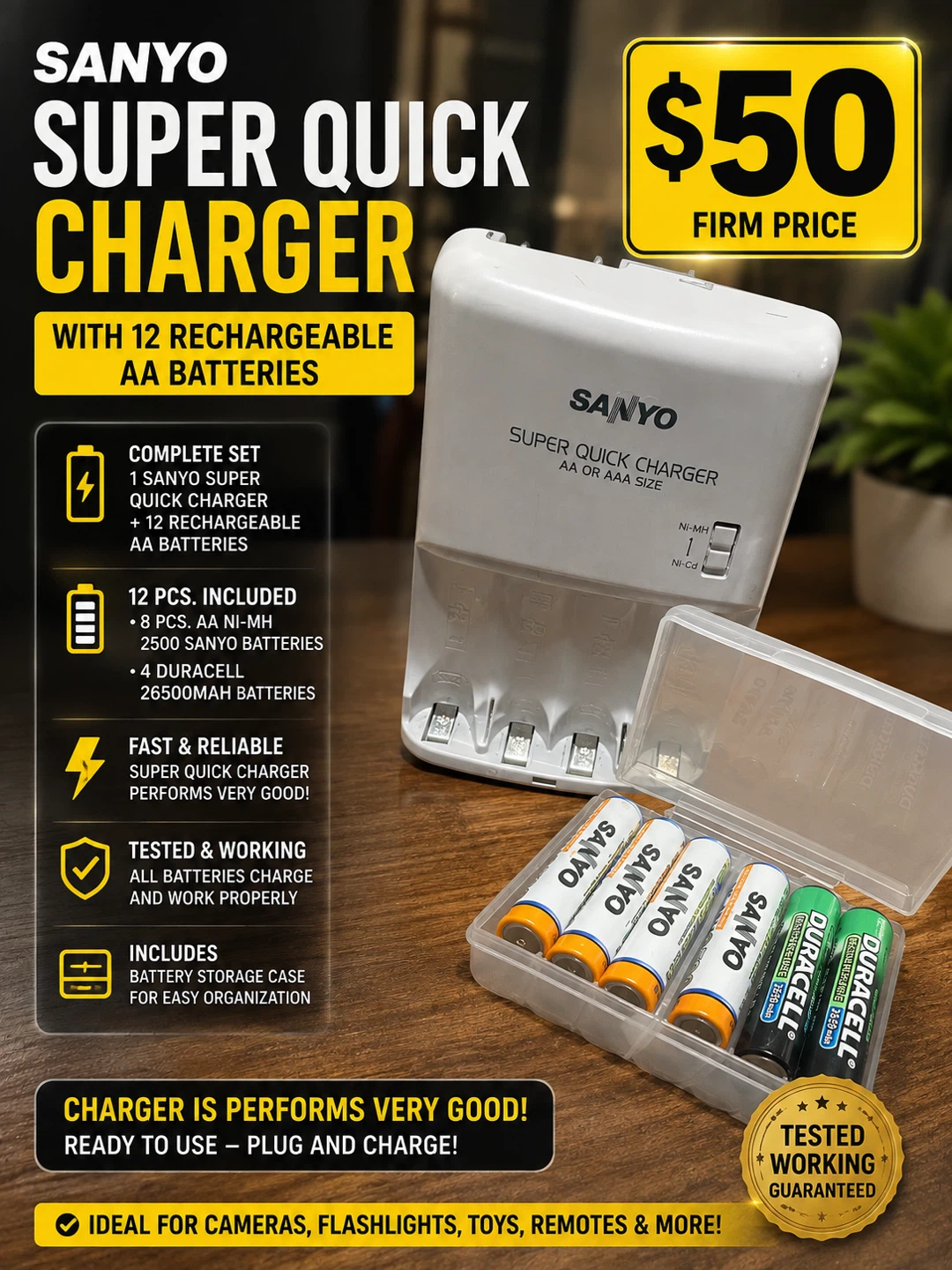 SANYO SUPER QUICK CHARGER + 12 RECHARGEABLE AA BATTERIES