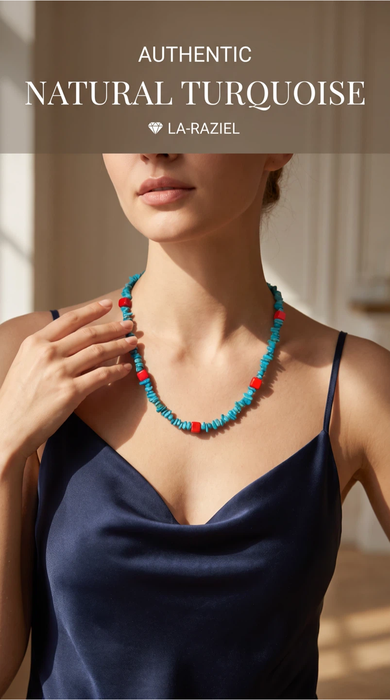 LA-RAZIEL Authentic Natural Turquoise Necklace with Red Accents - photo 2