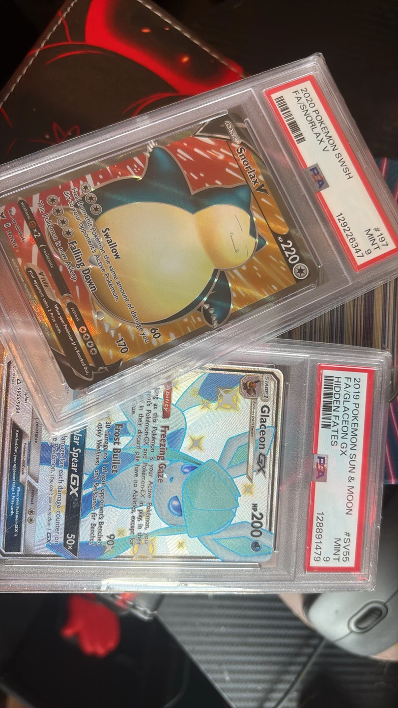 Pokemon Snorlax V and Glaceon GX Trading Cards