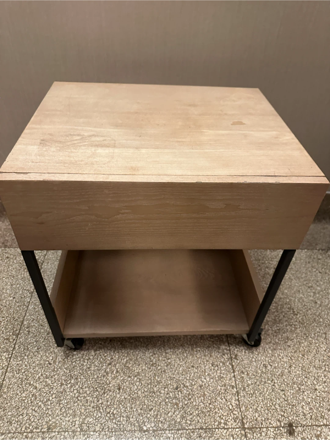 Rolling Wood and Metal Side Table with Drawer