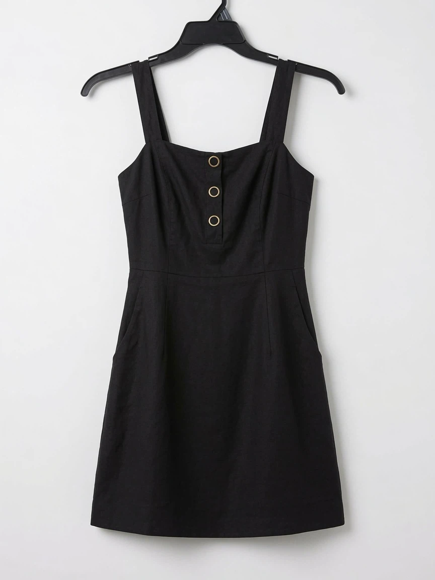 Black Sleeveless Dress with Button Detail