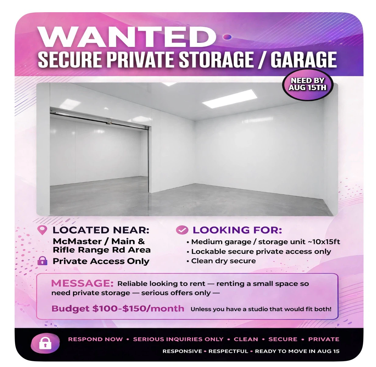 Wanted Md Storage Unit near Mc Master or Rifle Range