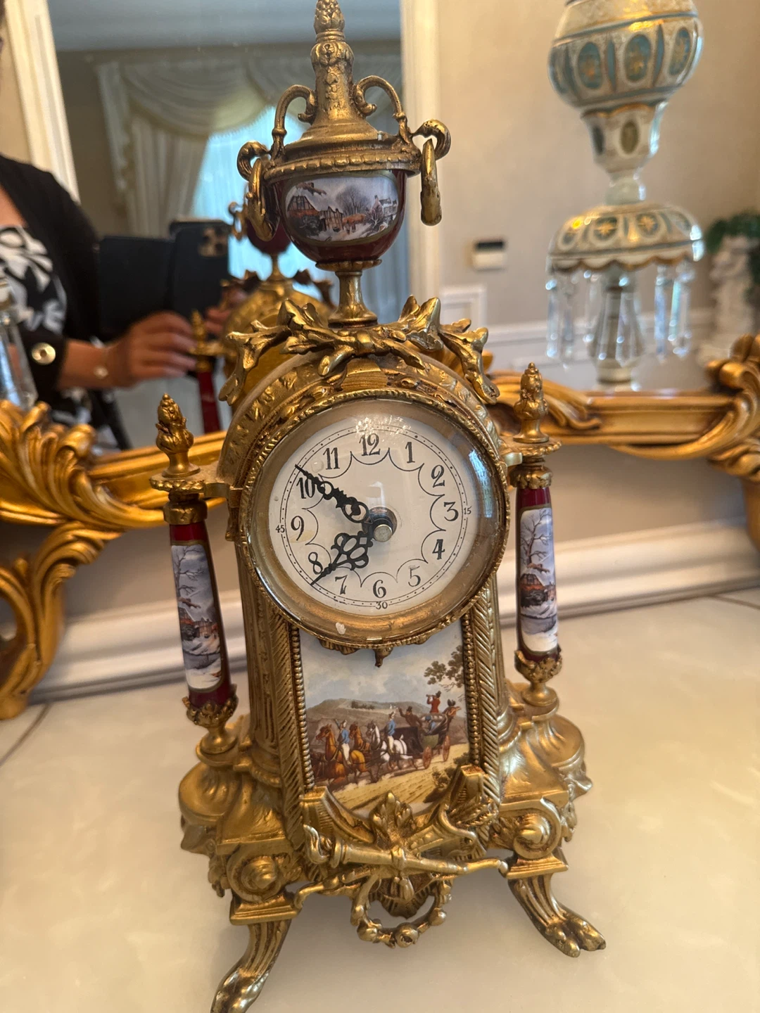 Antique Gold Mantel Clock with Painted Scenes - photo 5
