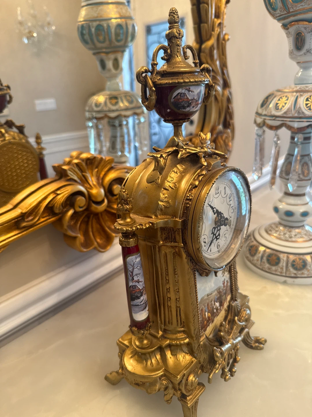 Antique Gold Mantel Clock with Painted Scenes - photo 2