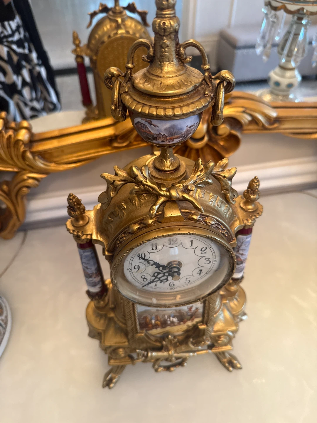 Antique Gold Mantel Clock with Painted Scenes - photo 4
