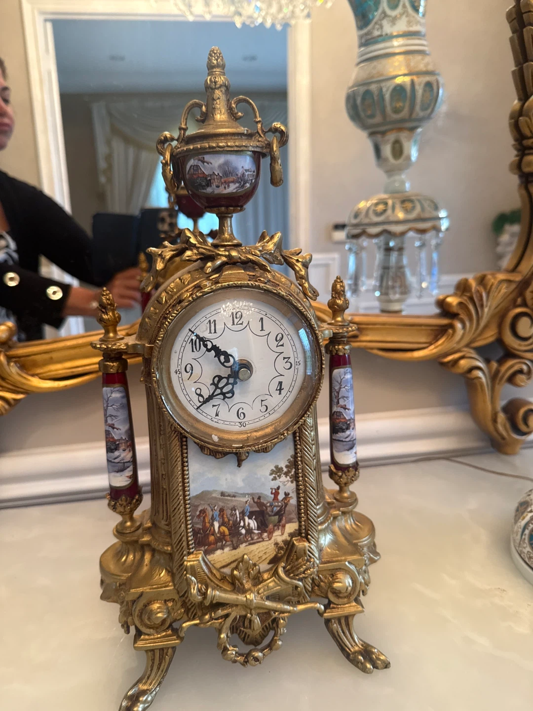Antique Gold Mantel Clock with Painted Scenes