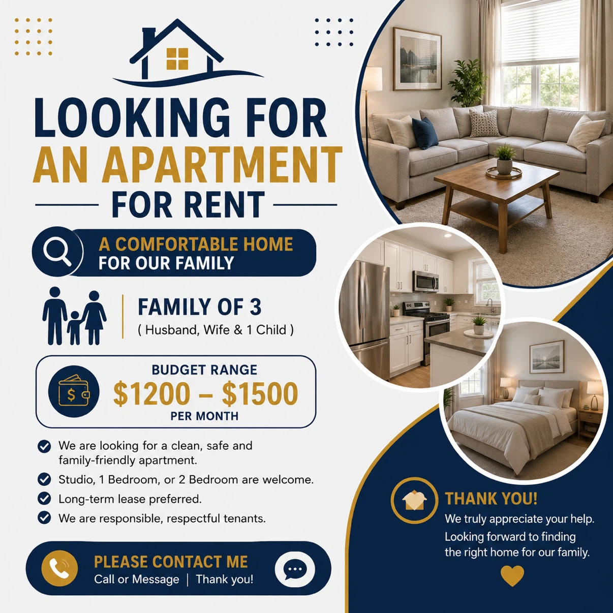 Looking for an Apartment to Rent – Family of 3