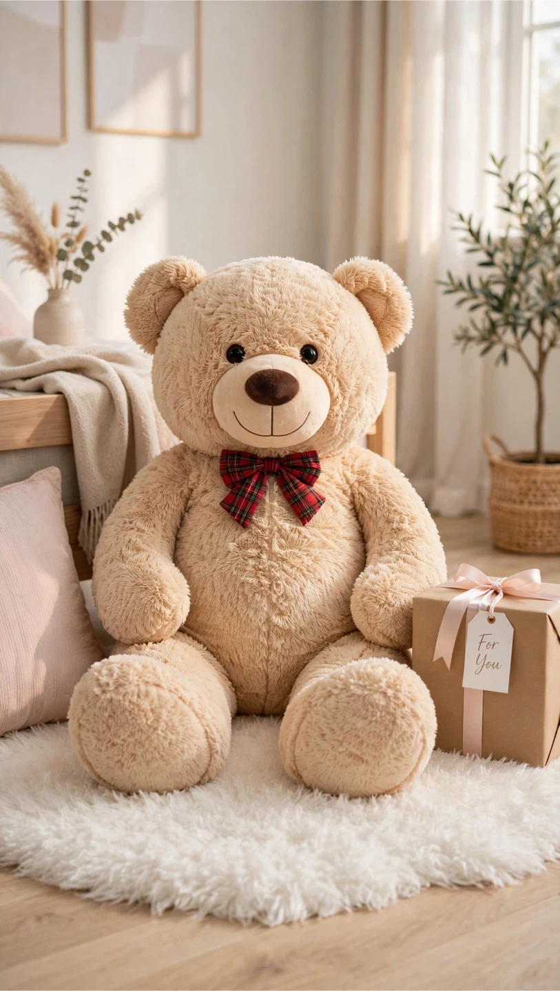Plush Teddy Bear with Plaid Bow Tie