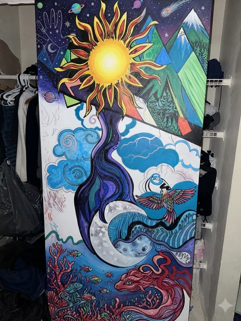 Psychedelic Art Painting - Sun, Moon, Mountains & Ocean