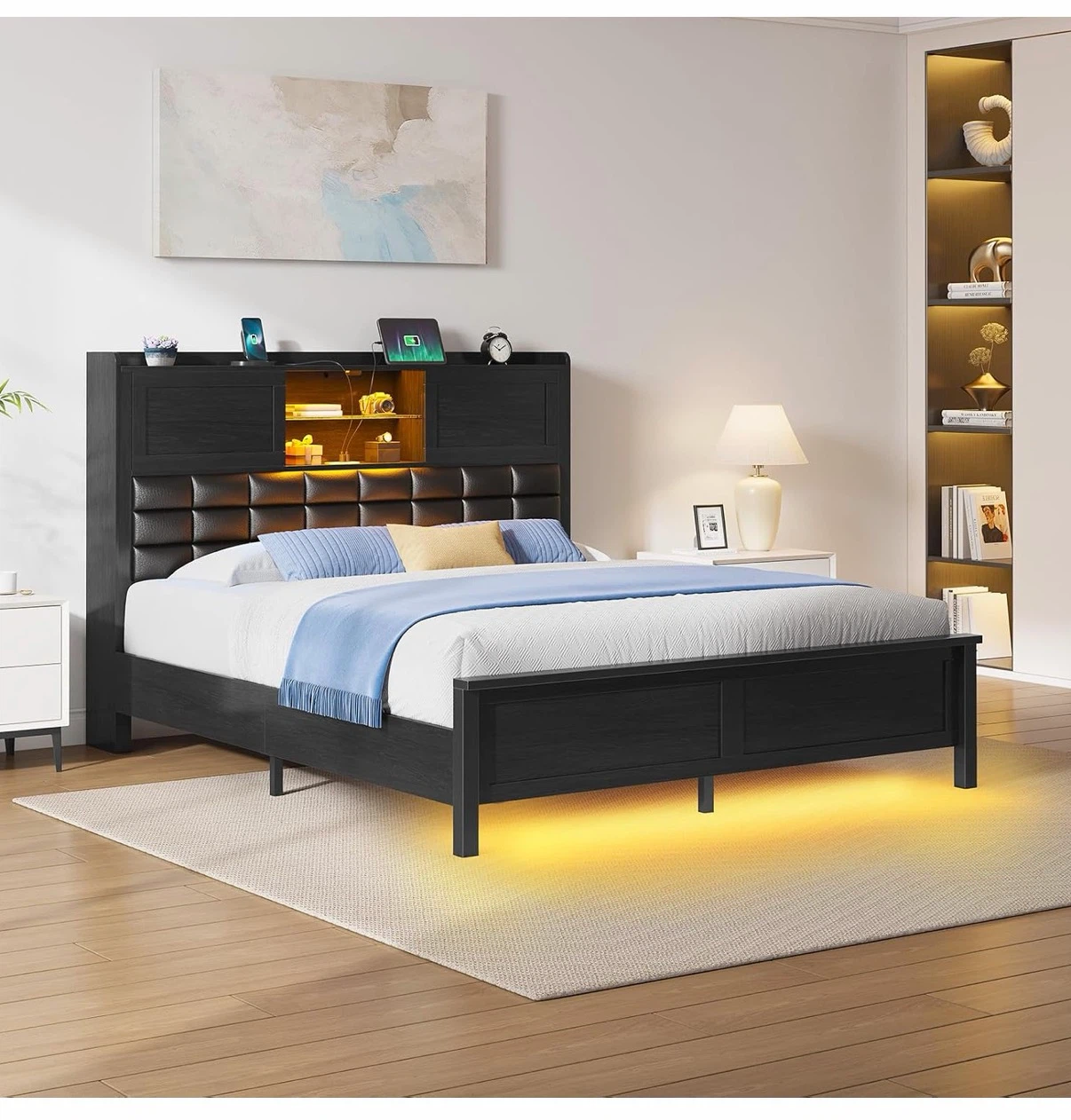 New Full Size Bed Frame with Storage Headboard and LED Lights