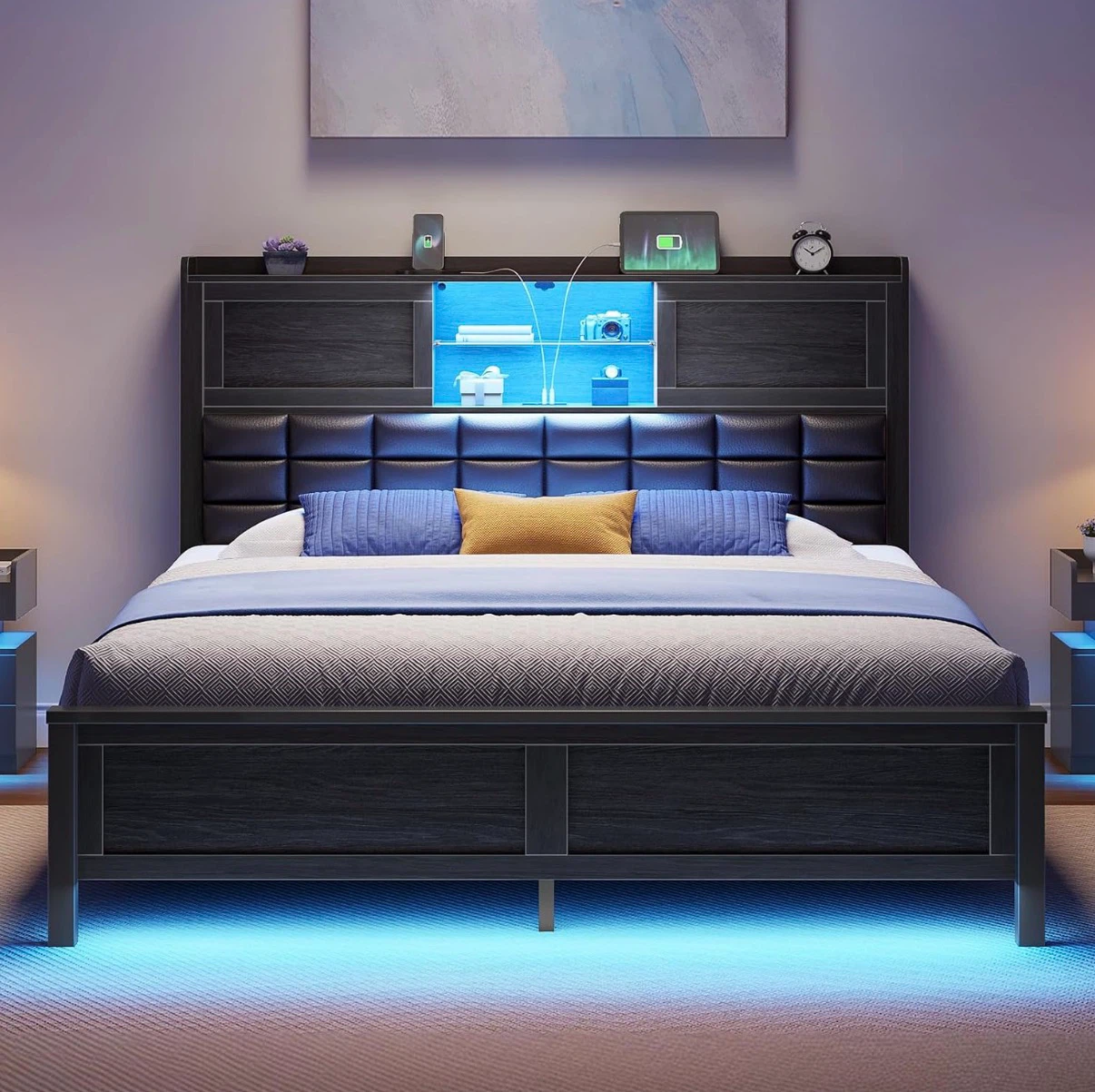 New Full Size Bed Frame with Storage Headboard and LED Lights - photo 2