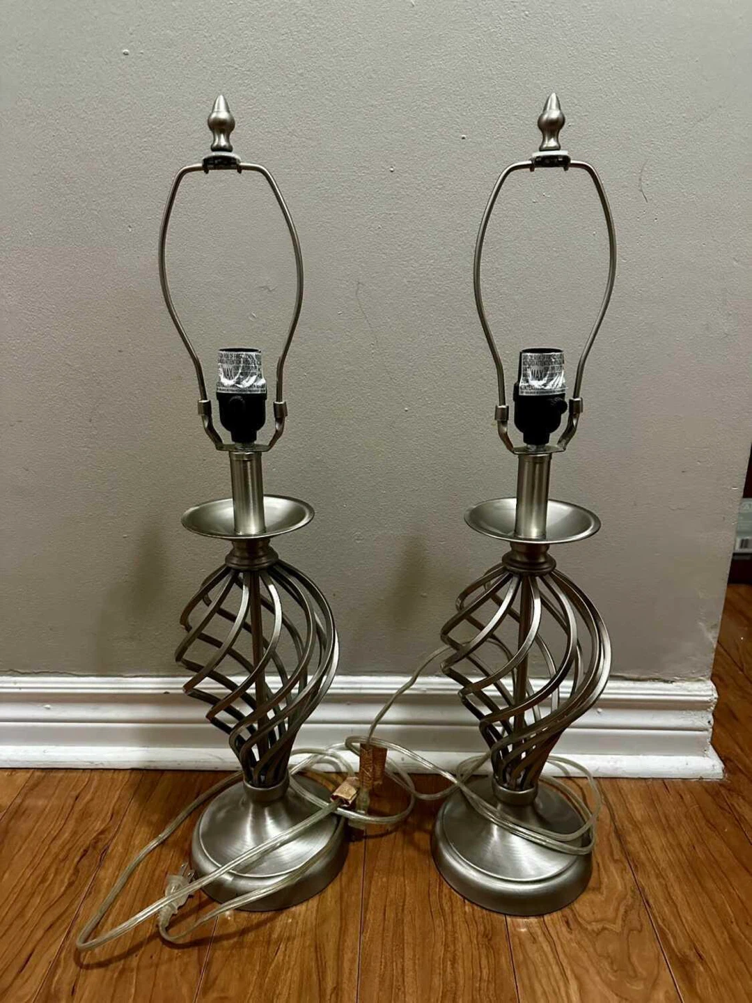 Set of 2 brushed nickel twisted metal lamps