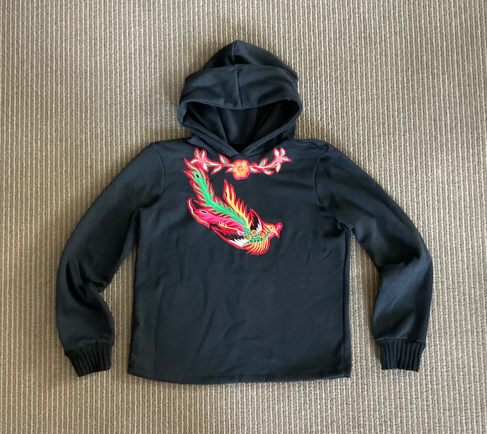 Black Embroidered Phoenix Hoodie - girl size 7-8