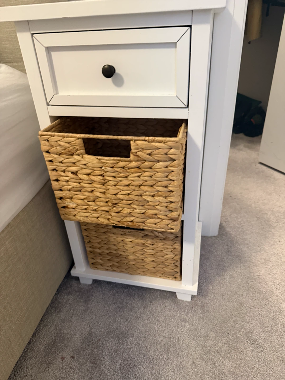 White Nightstand with Woven Baskets