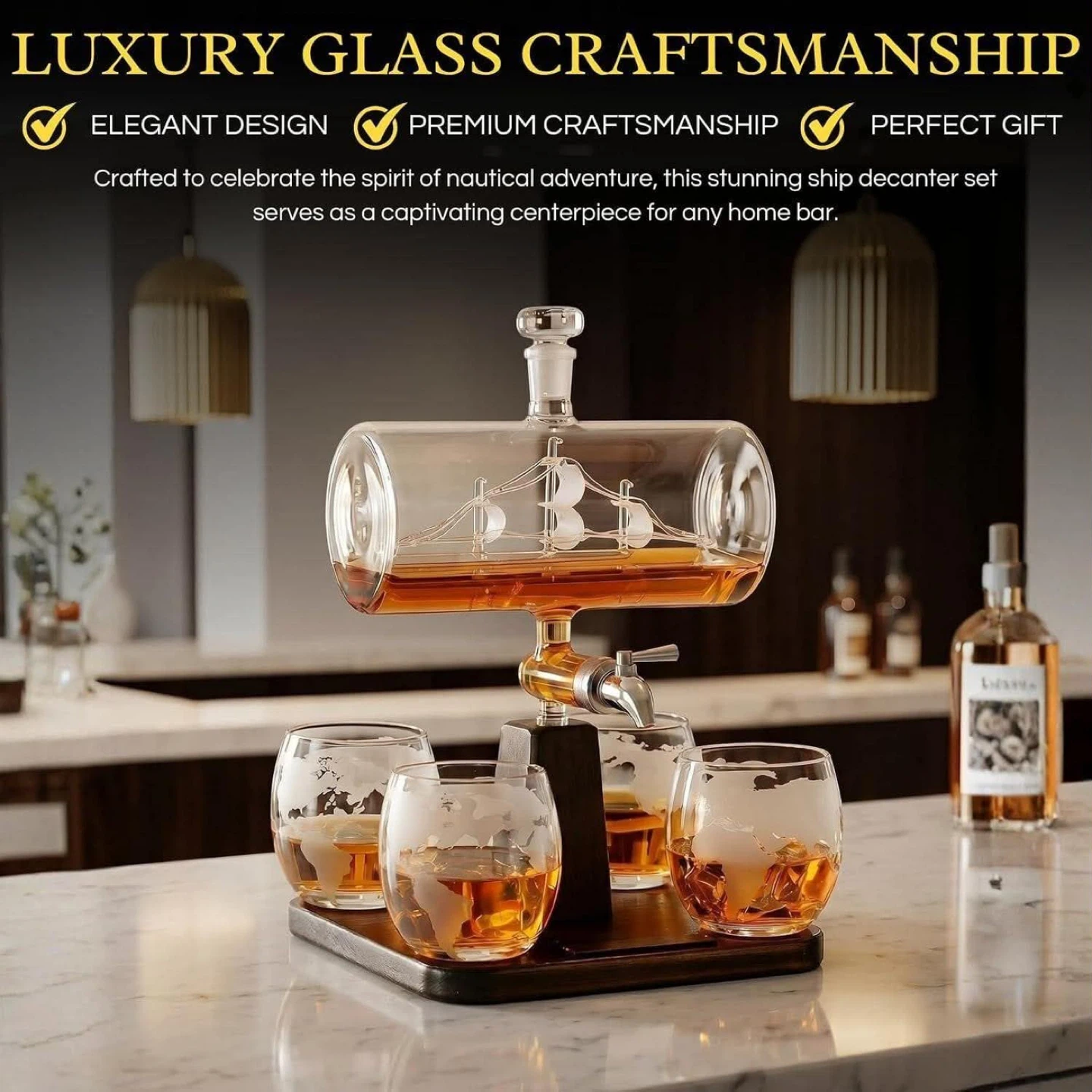 Whiskey Decanter Ship Set with 4 Glasses Brand New - photo 2