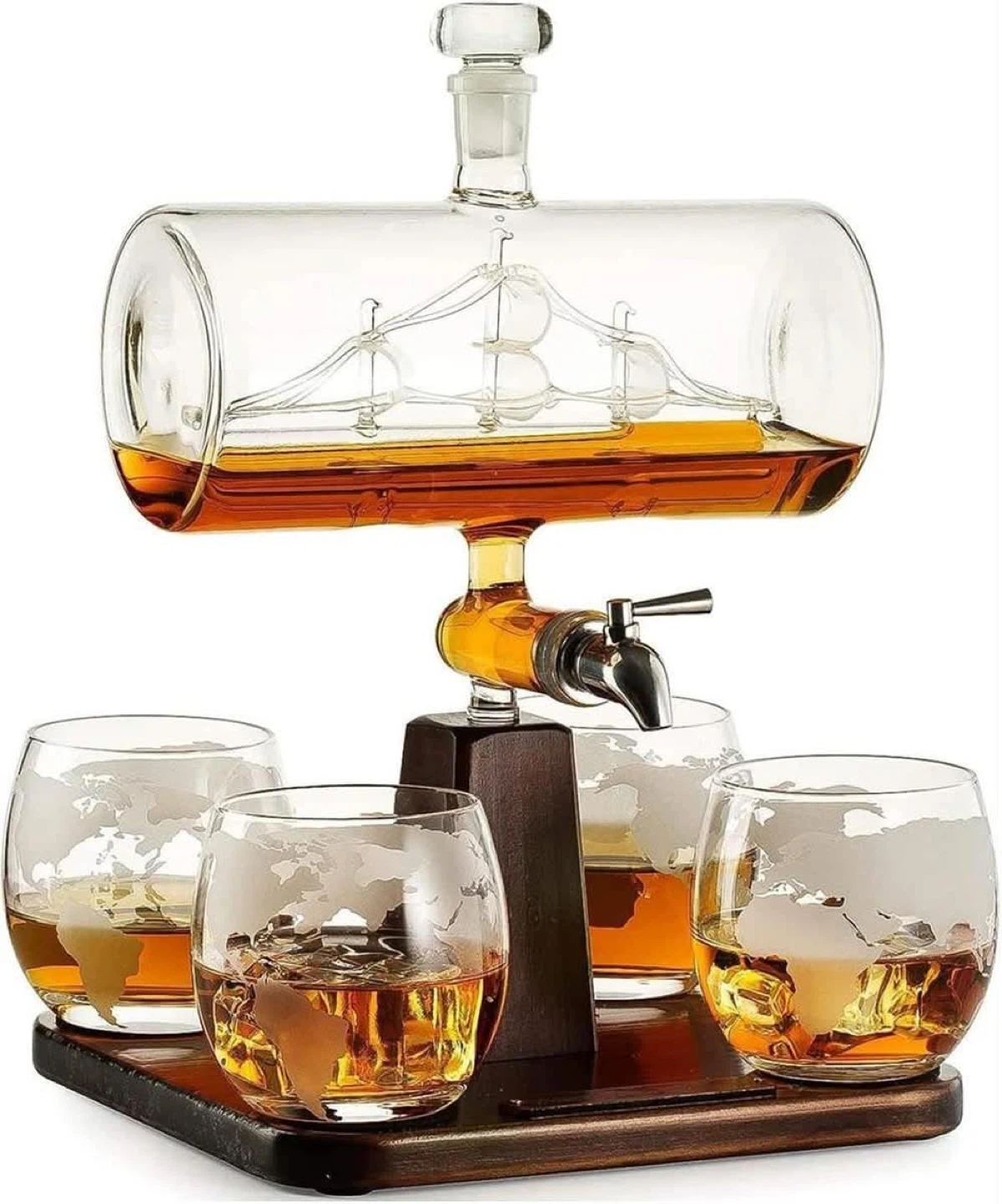 Whiskey Decanter Ship Set with 4 Glasses Brand New