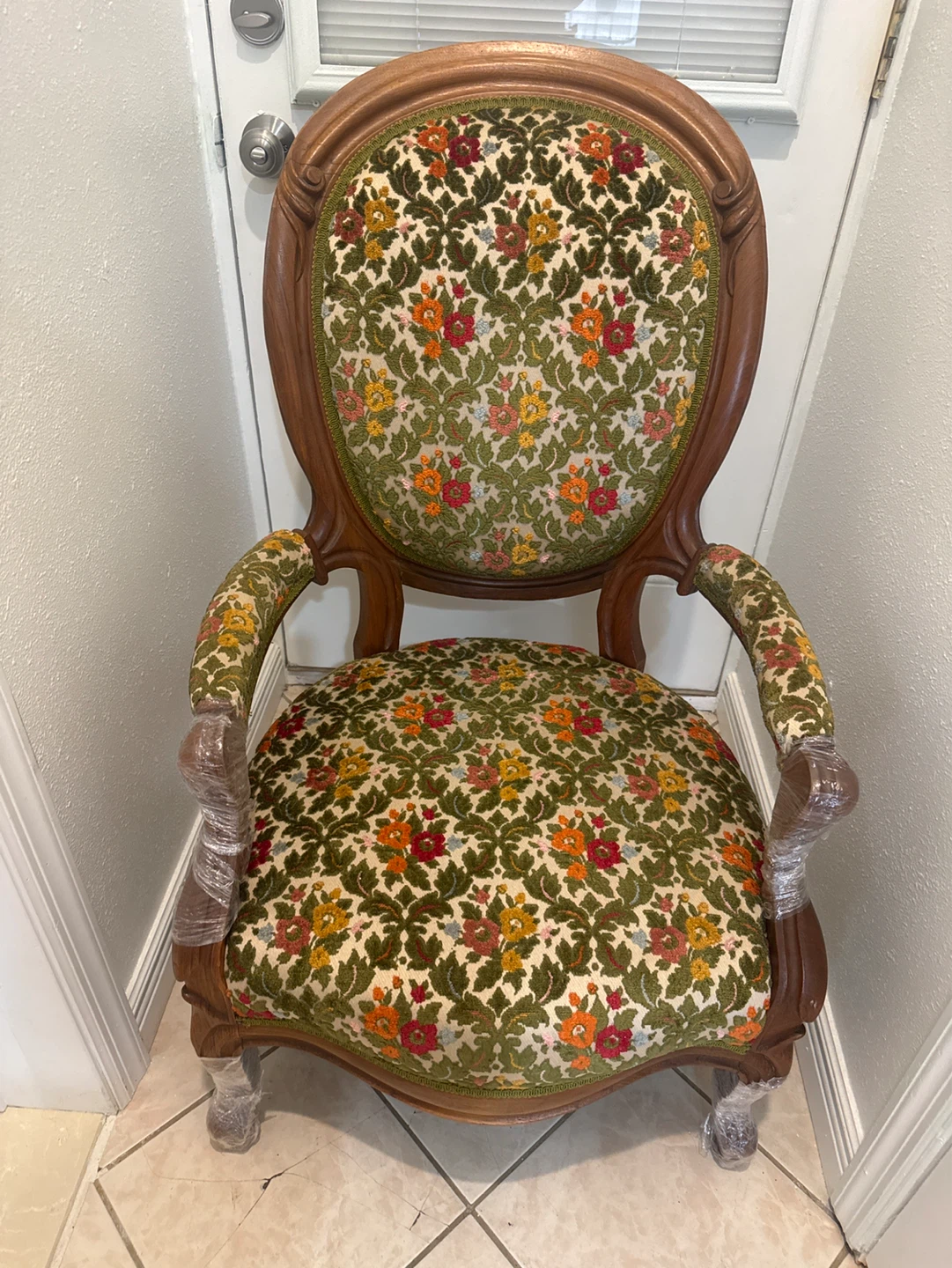 Vintage Accent Chair Floral Upholstery Wood Frame