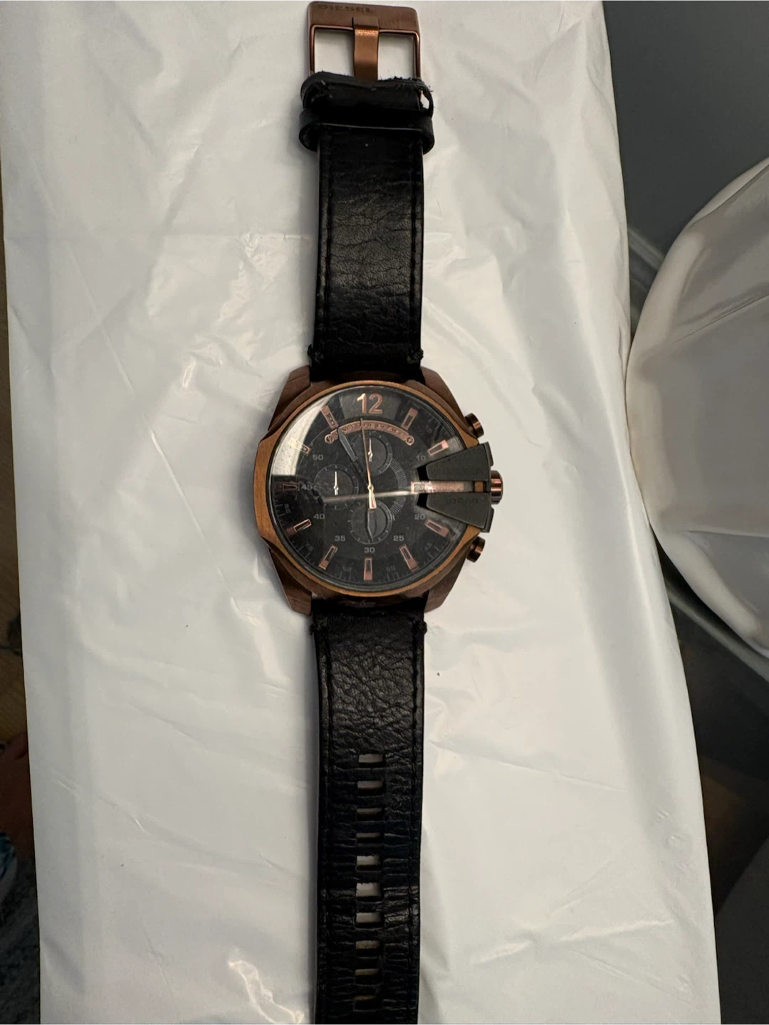 Diesel Men's Watch - Black Leather Strap, Rose Gold Tone Case
