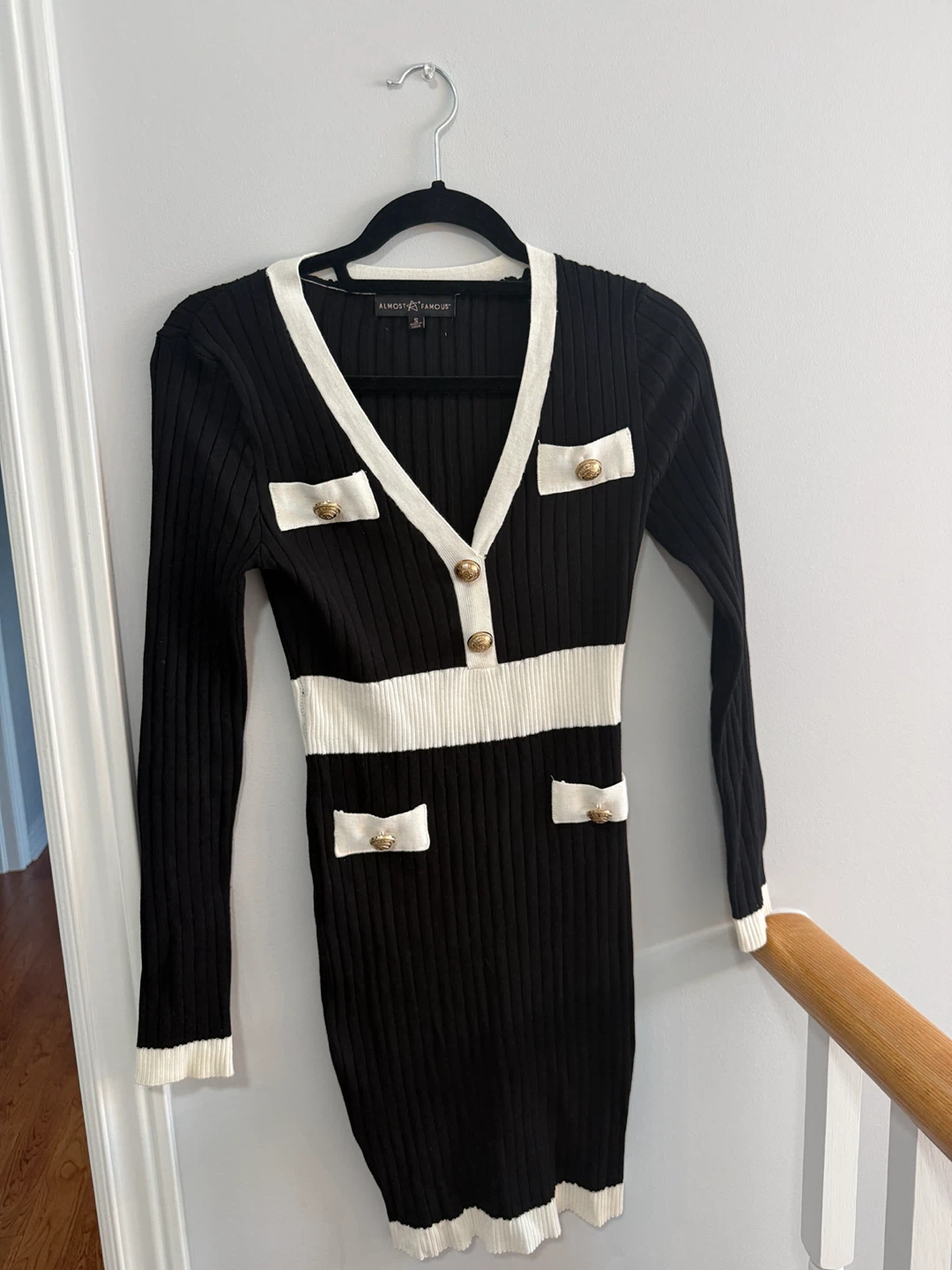 Almost Famous Black & White Ribbed Button Dress