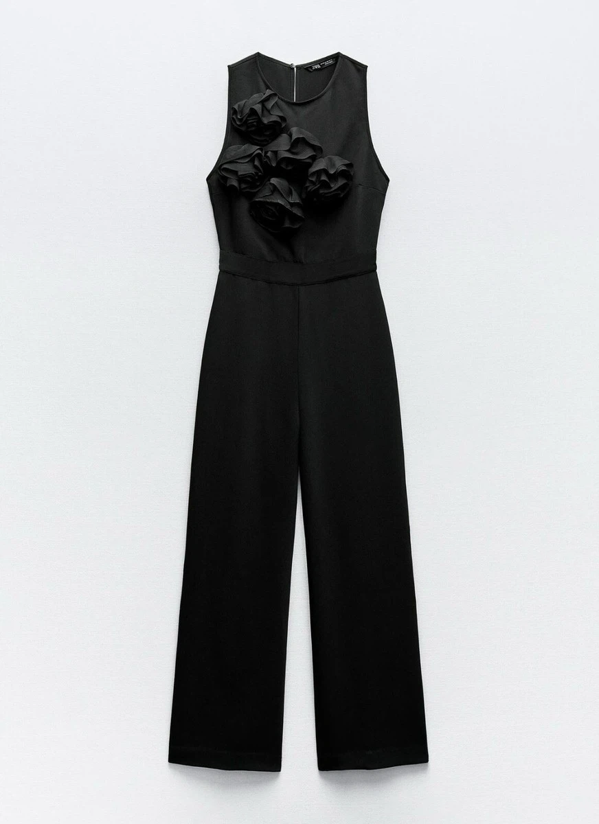 Zara New Black Jumpsuit with Floral Appliqué size S