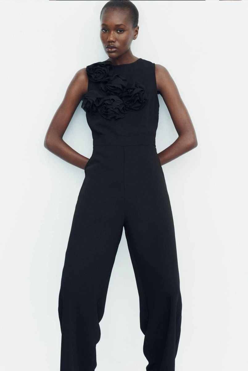 Zara New Black Jumpsuit with Floral Appliqué size S - photo 2
