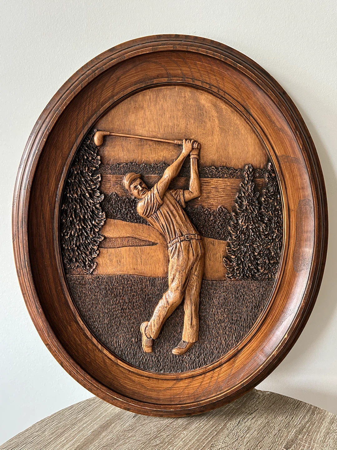 Vintage Kim Murray “Golfer” Faux Wood Relief