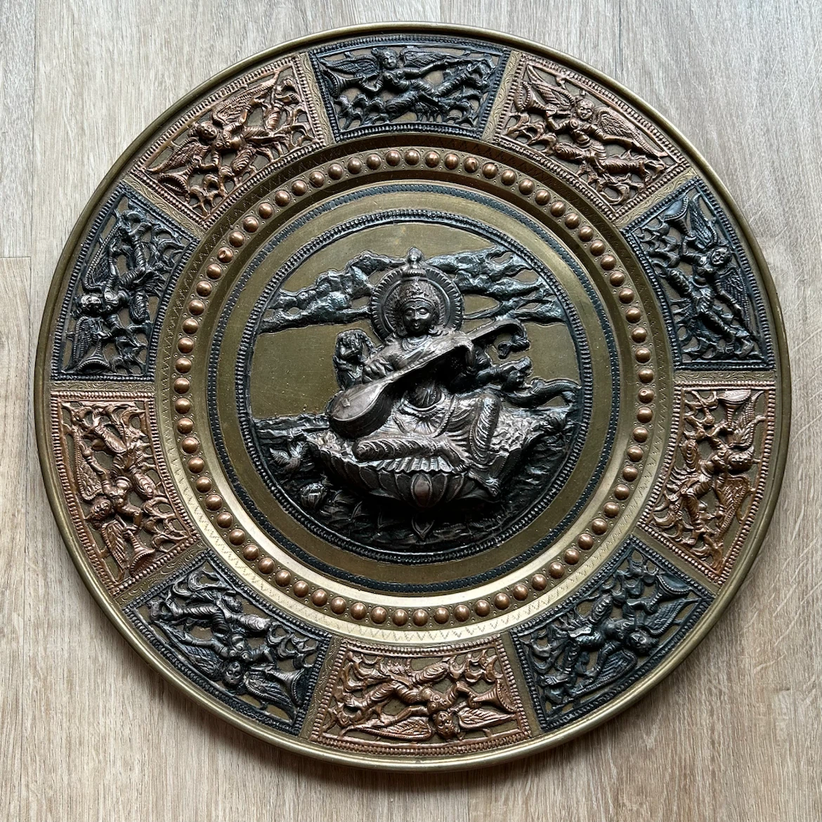 Vintage Embossed Brass & Copper Saraswati Wall Plate 12”