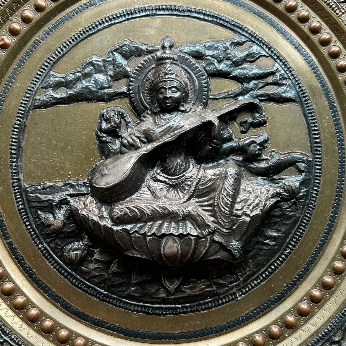 Vintage Embossed Brass & Copper Saraswati Wall Plate 12” - photo 2
