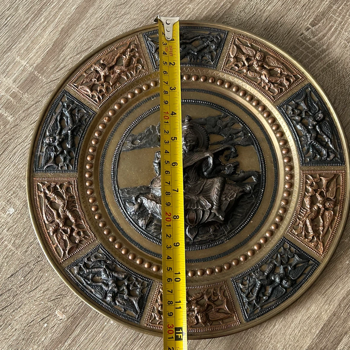 Vintage Embossed Brass & Copper Saraswati Wall Plate 12” - photo 3