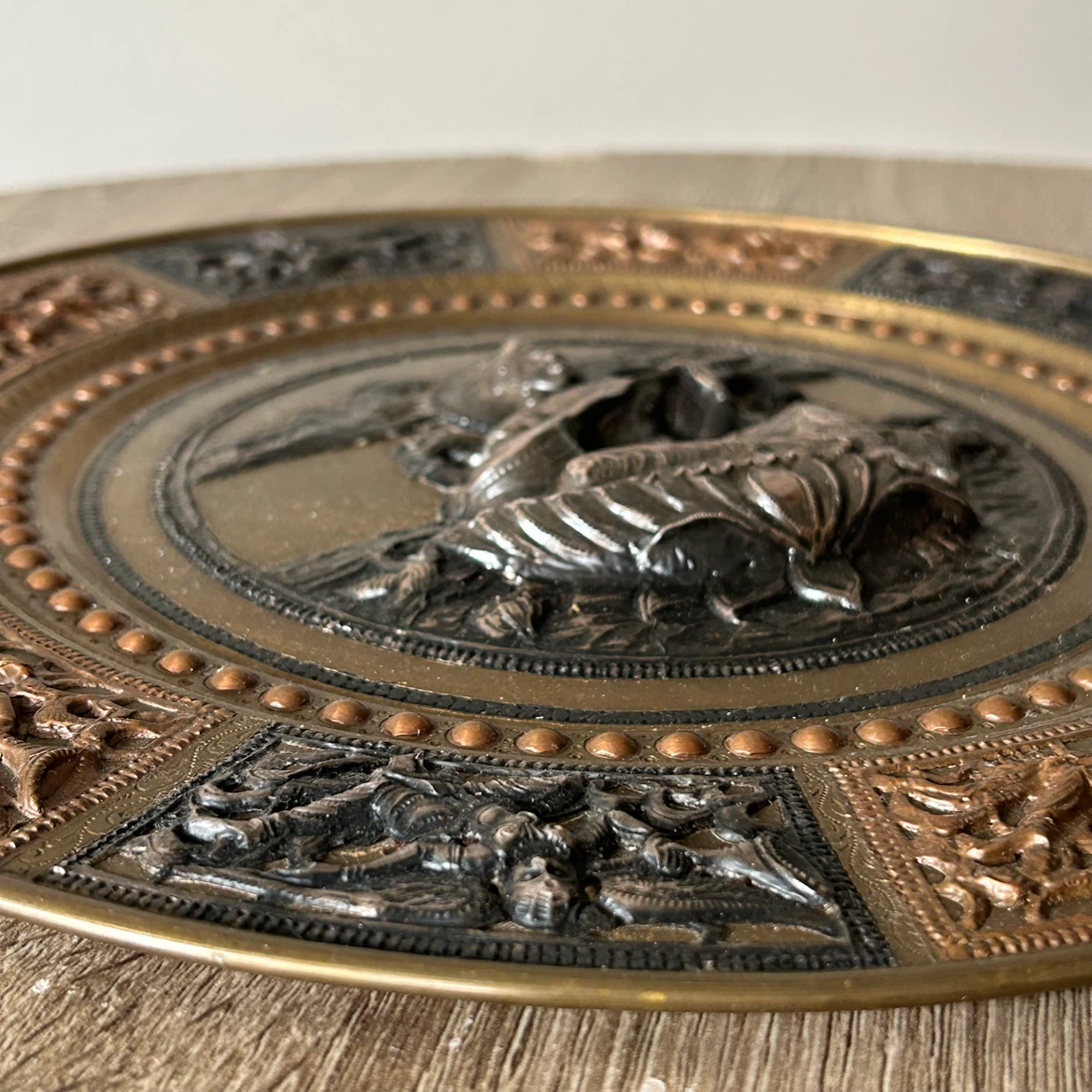 Vintage Embossed Brass & Copper Saraswati Wall Plate 12” - photo 5