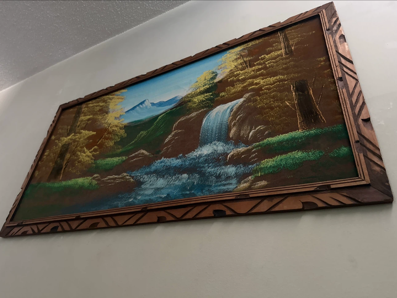 Framed Landscape Painting with Waterfall and Mountains