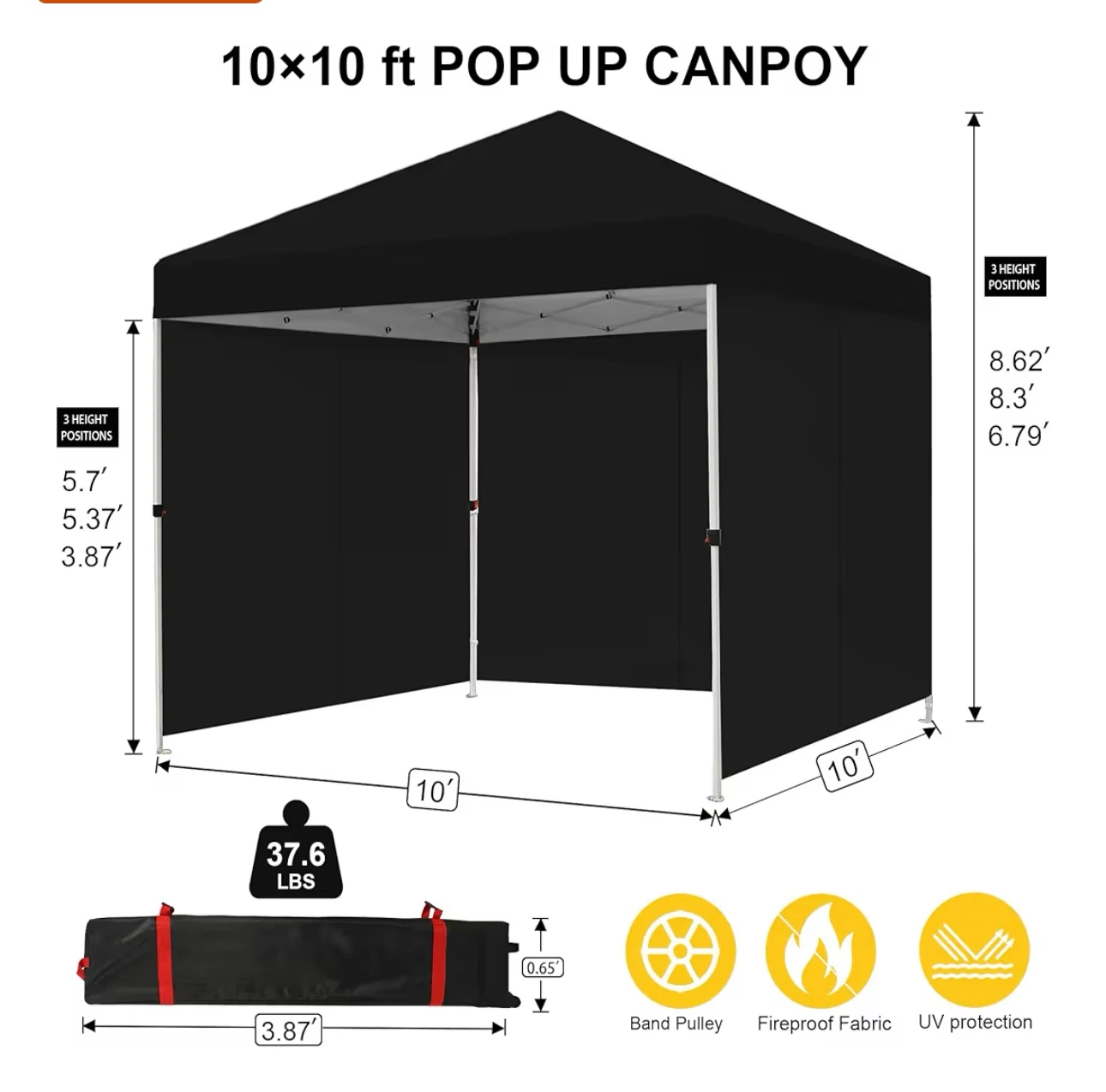 10x10ft Black Pop-Up Canopy Tent with Sidewalls - photo 2