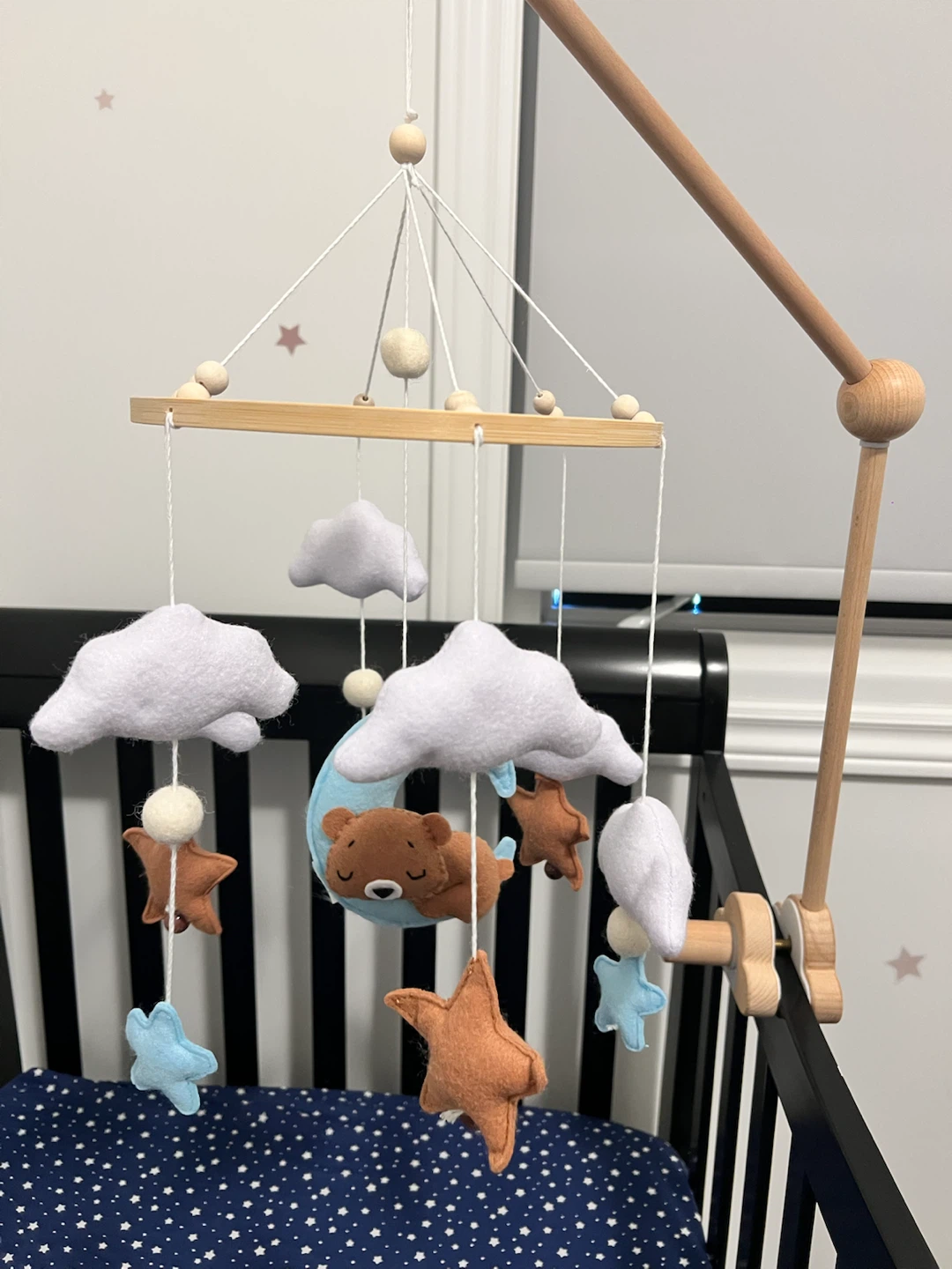 Baby Crib Mobile with Clouds, Stars, and Bear