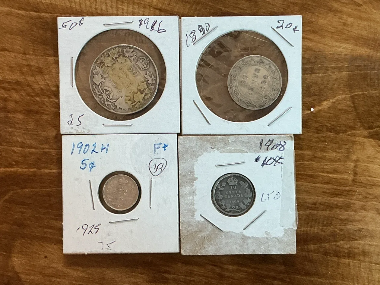 Antique CANADIAN Coins 1890 20c, 1902 5c, 1908 10c, 1916 50c